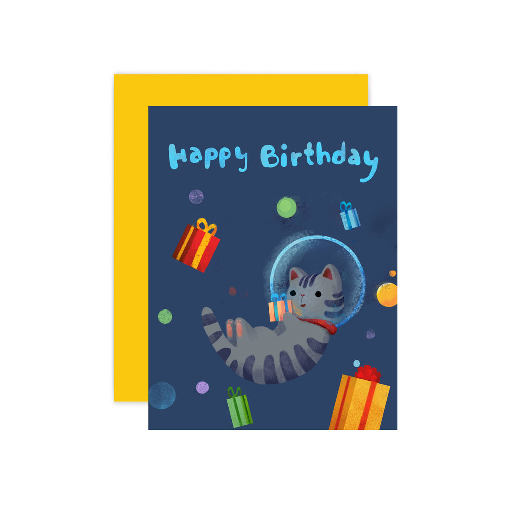 Space Cat with Gift Birthday Card