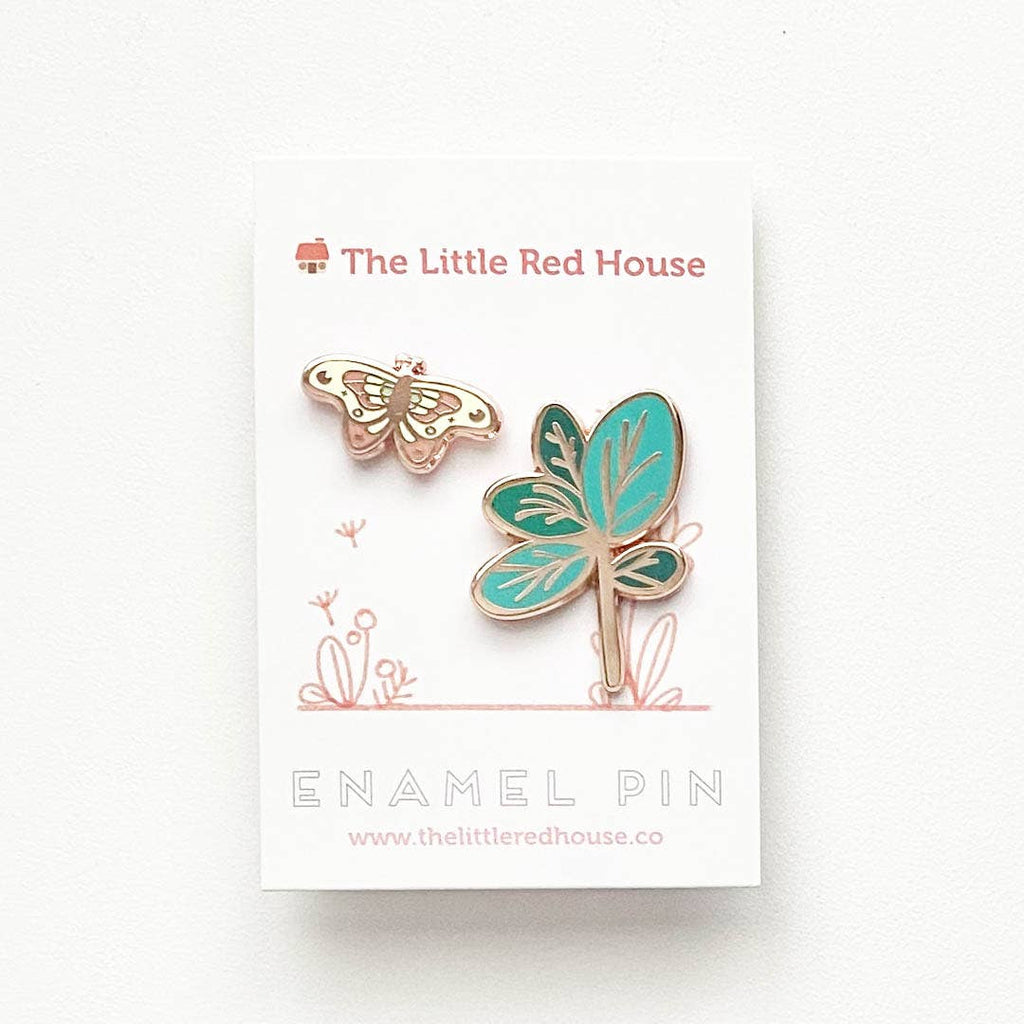 Butterfly with Plant Rose Gold Plating Enamel Pin Set