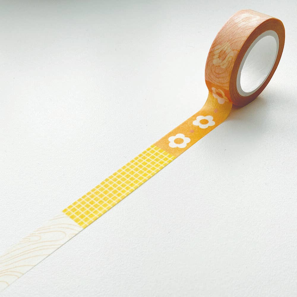 15mm Pattern Washi Tape - Yellow Orange Grid and Flowers