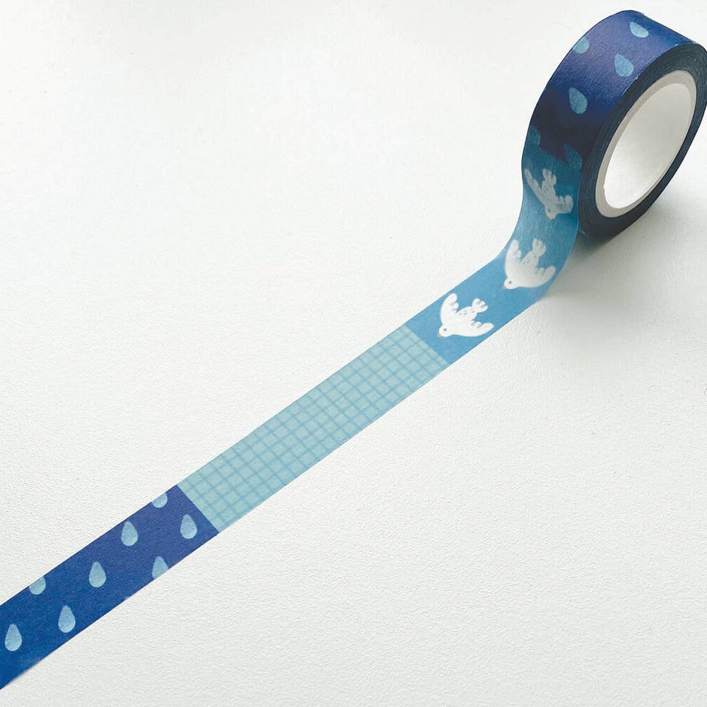 15mm Pattern Washi Tape - Blue Raindrop Grid and Seagulls